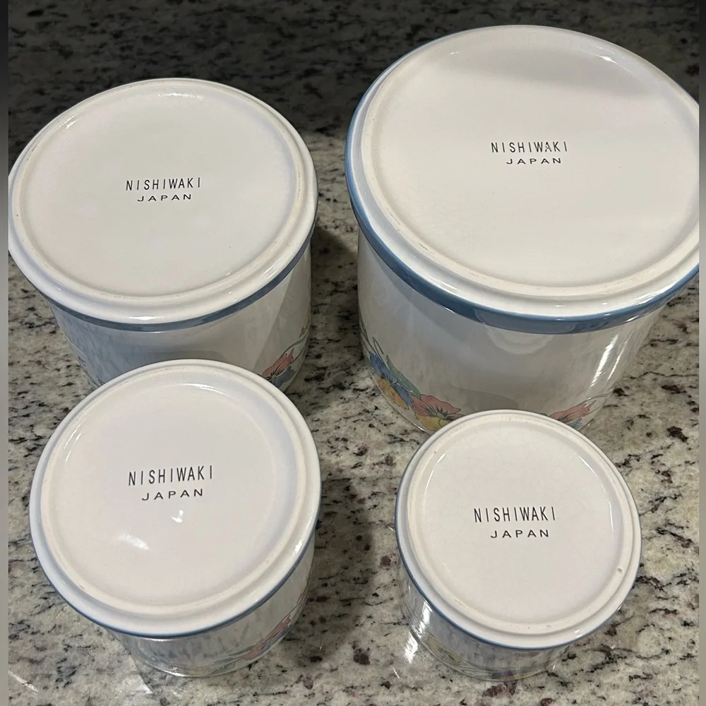 VTG Nishiwaki Japan 1980’s Floral Pansy Ceramic Canister RARE Set of 4 Like New!